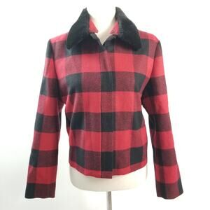 Talbots Italy Red Black Jacket Wool / Lined Faux Fur Collar Removeable EUC 10 P